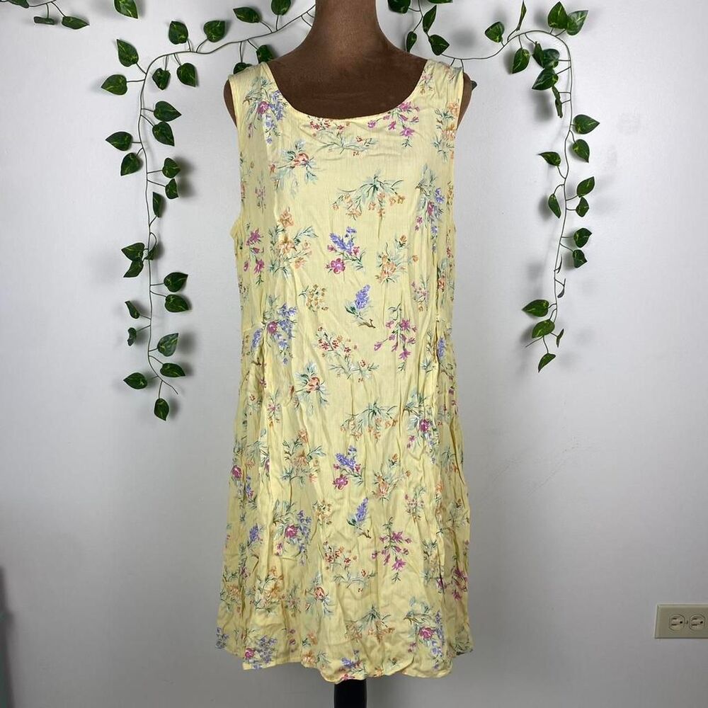 Eddie Bauer vintage 90s yellow floral midi dress cottage prairie crinkle
